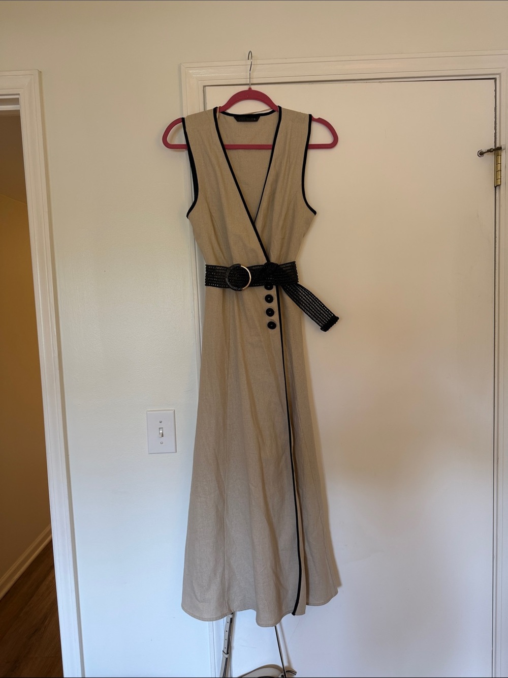 Zara Beige Midi Wrap Dress with Black Trim and Belt